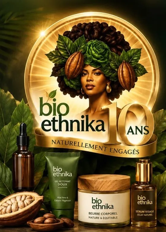 Visuel anniversaire Bio Ethnika 10 ans : portrait d'une femme coiffée de feuilles et de cabosses de cacao, entourée des produits gel nettoyant, beurre corporel et sérum visage.