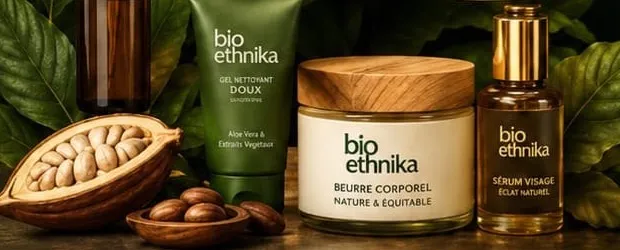 Gamme Bio Ethnika : gel nettoyant doux, beurre corporel nature et équitable, sérum visage éclat naturel, posés près d'une cabosse de cacao.